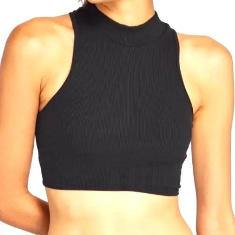 Alo Yoga Goddess Rib Cropped Dynamite Bra Black Mock Neck Tank Womens Small
